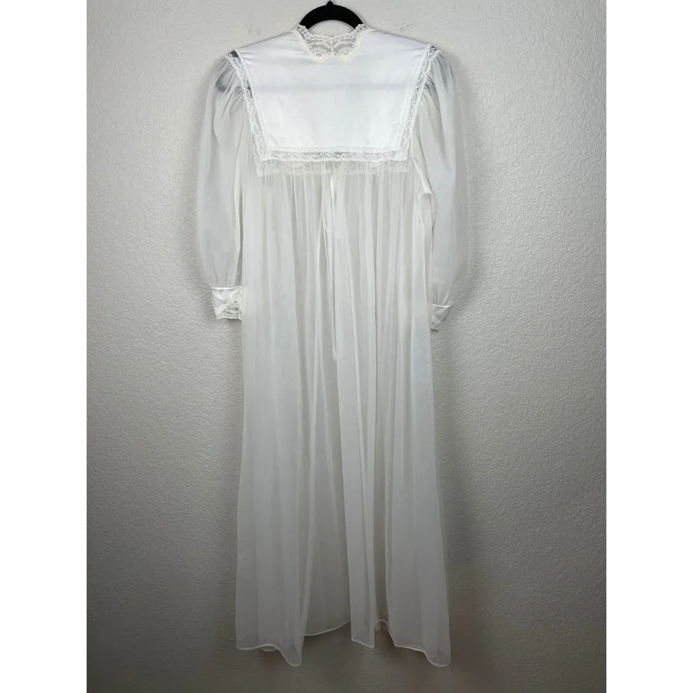 Vtg Miss Elaine CHIFFON PEIGNOIR Robe HOUSECOAT Large White Sheer Union Made USA